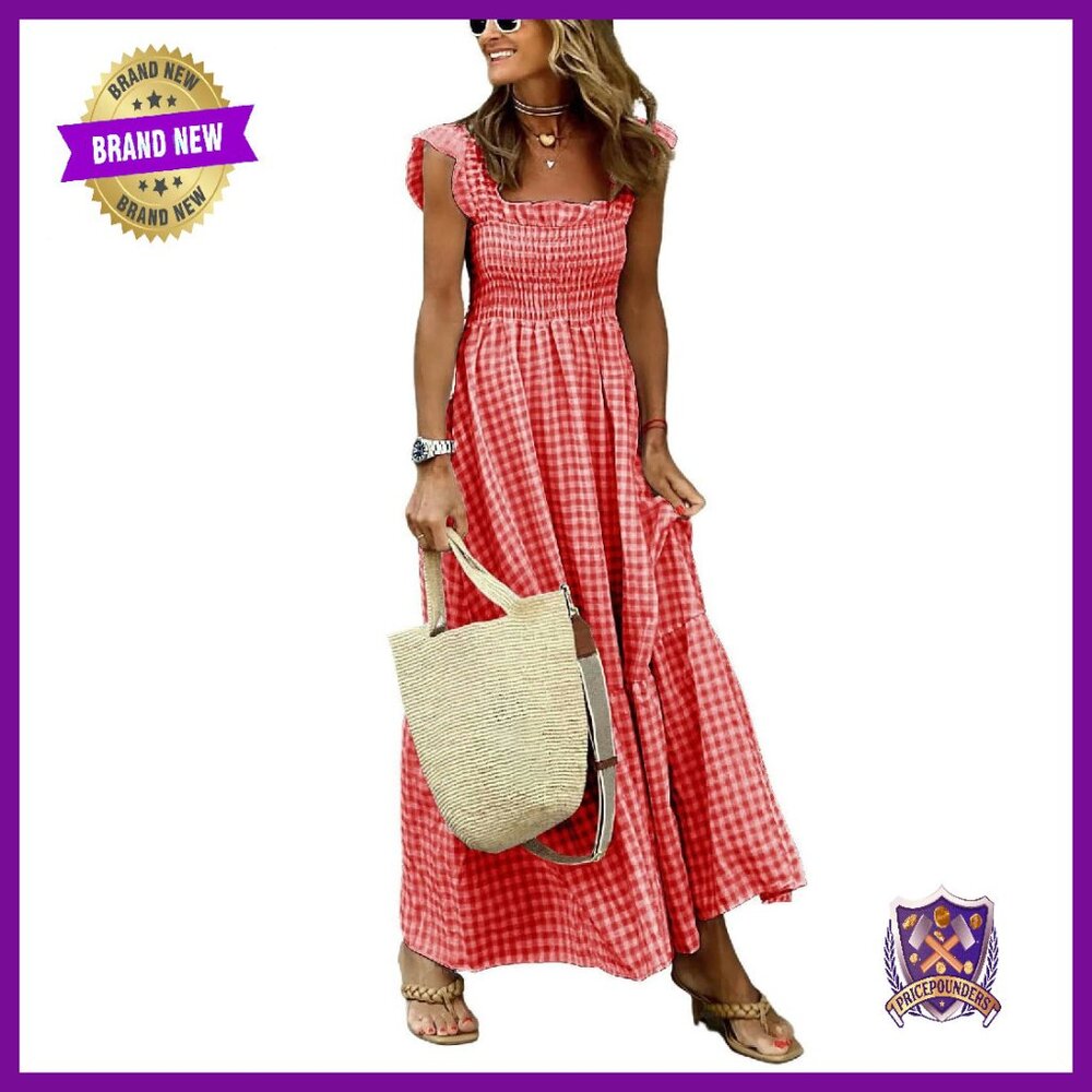 Retro Plaid Smocked Dress With Pockets, Spaghetti Strap Flounce Hem